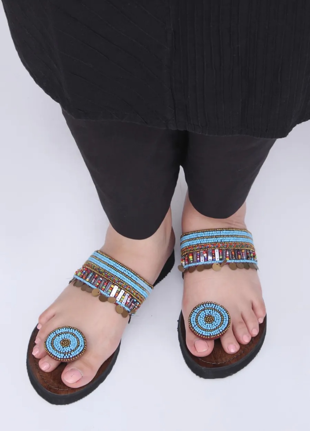 Blue Sequin Embellished Leather kolhapuris