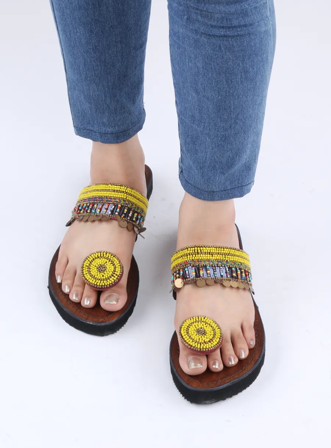 Yellow Sequin Embellished Leather kolhapuris