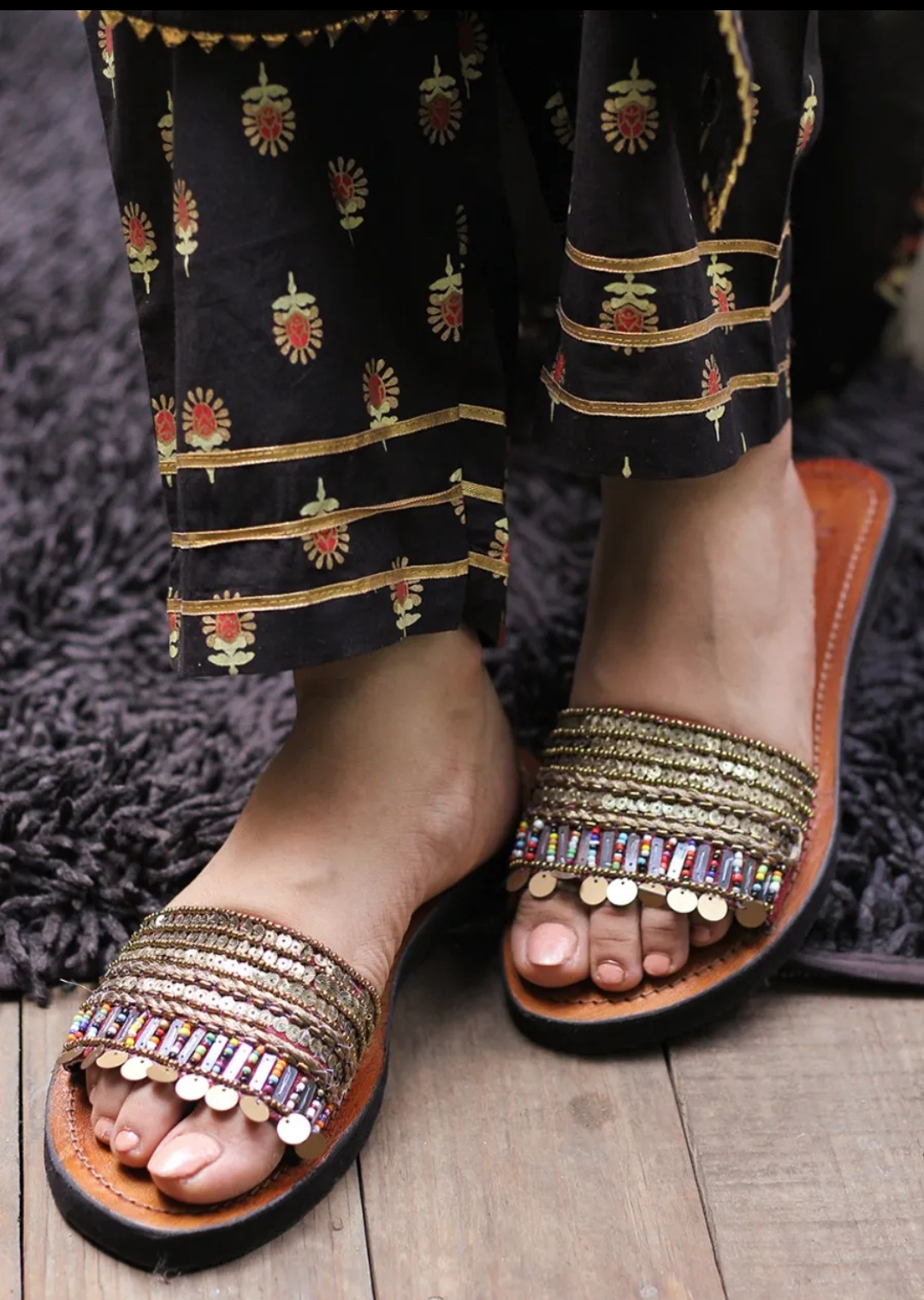 Sequin Detail Leather Slides