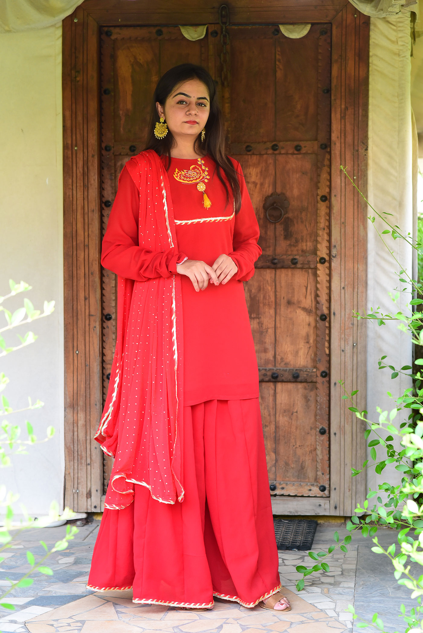 Red sharara set with chiffon dupatta