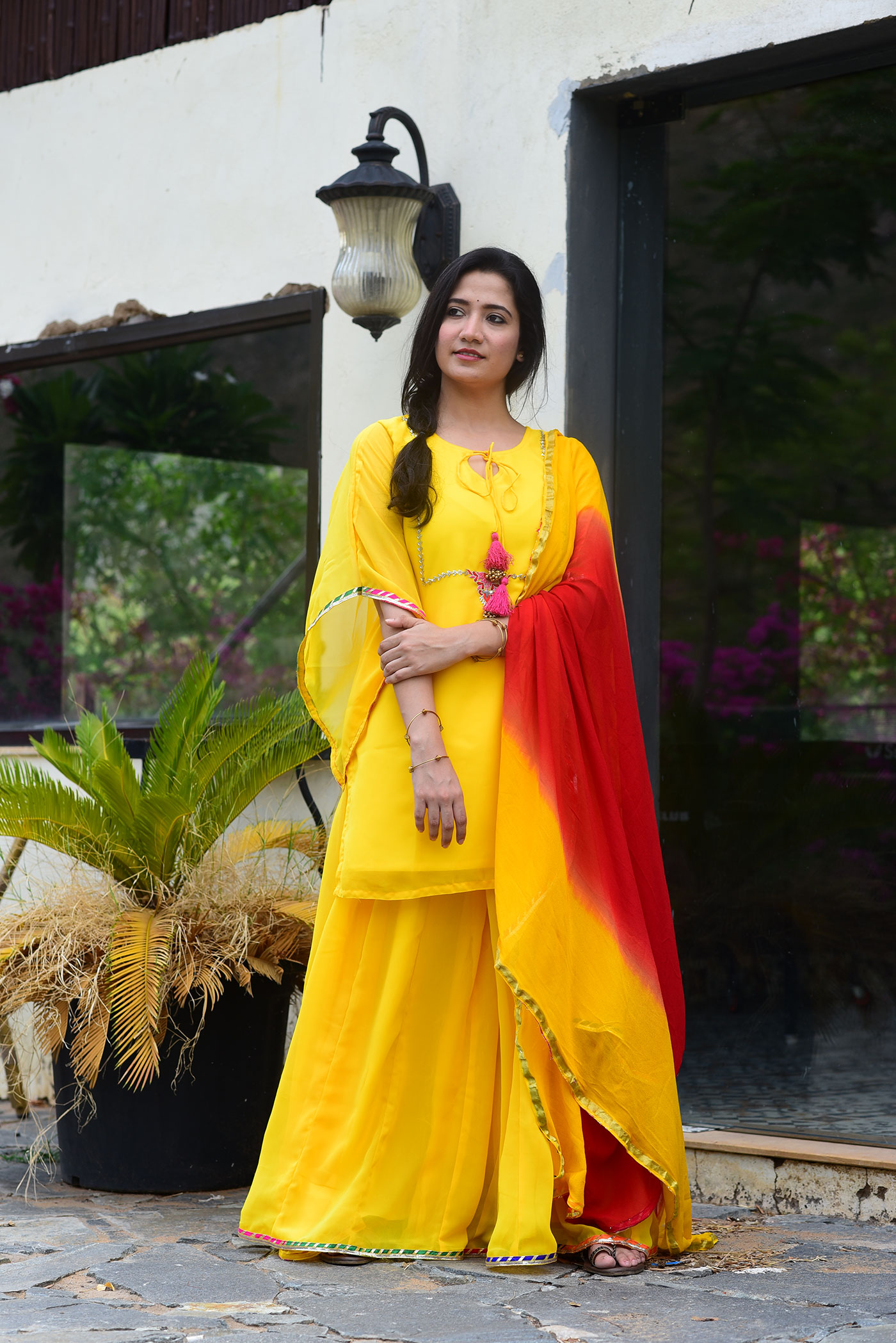 Yellow sharara set with double coloured chiffon dupatta