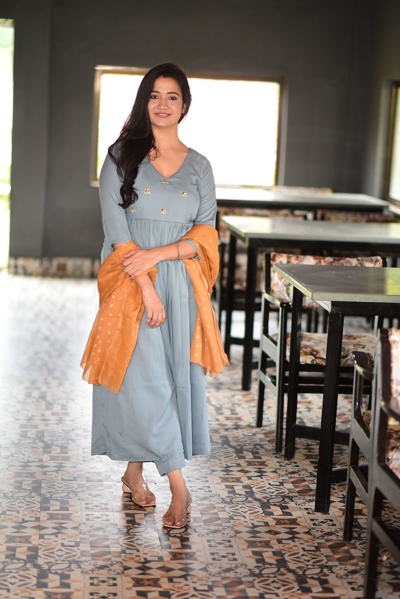 Rust Blue Handwork Kurta set with Dupatta