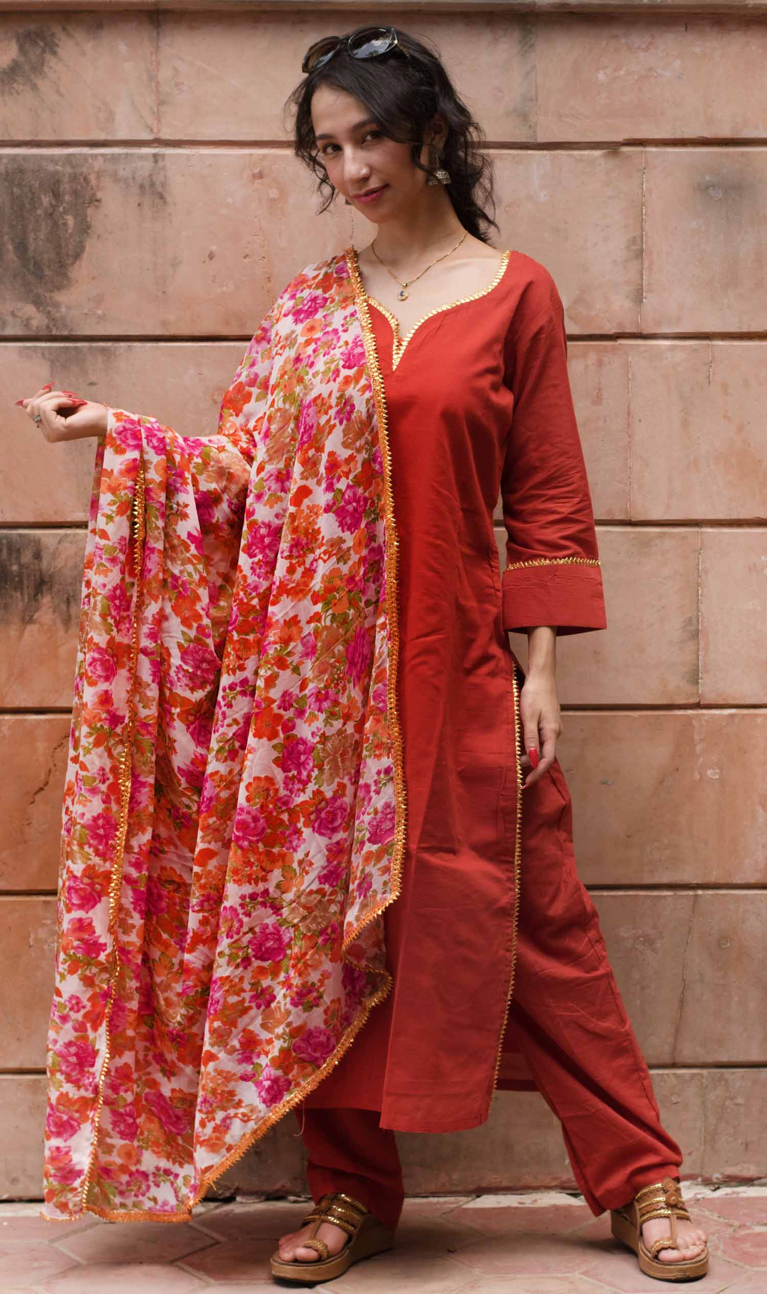 Rust Red Kurta set With Floral Printed Dupatta