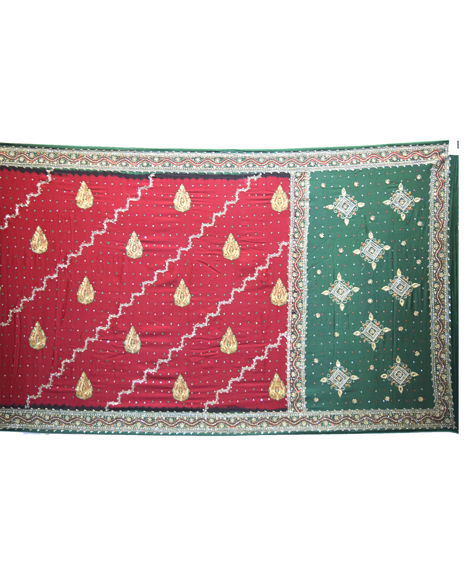 Red And Green Color Diamond work Fancy Design Gaji Silk Gharchola